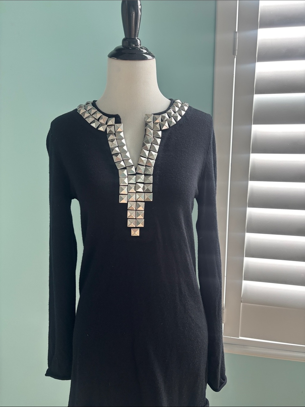 Tory Burch Winnie studded wool Black Long Sleeve tunic with Silver Stud Neckline